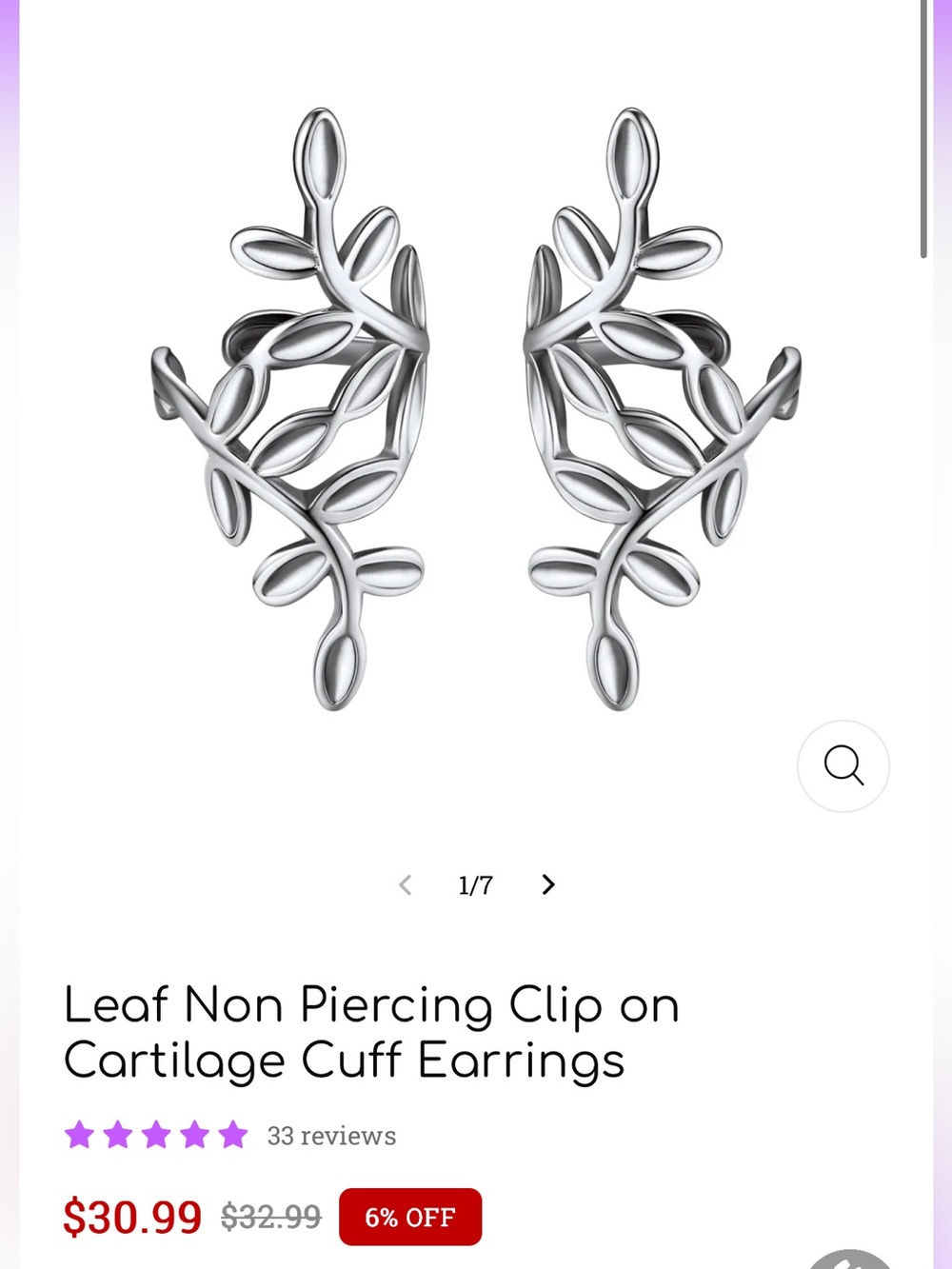 ChicSilver Leaf Non Piercing Clip on Cartilage Cuff Earrings Silver Clip-On